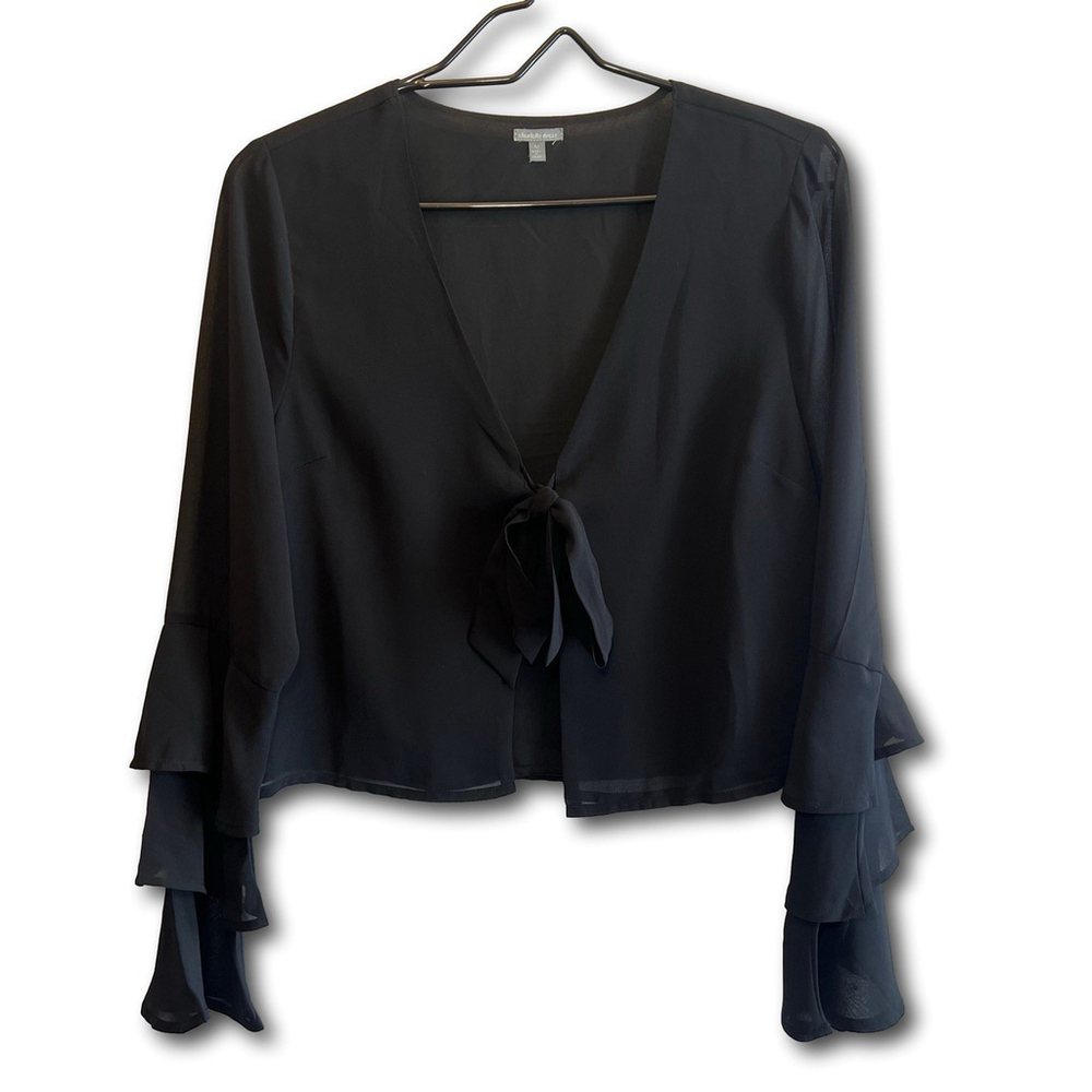Charlotte Russe Top Woman’s M Black Long Belle Ruffle Sleeves Crop Tie Front Y2K